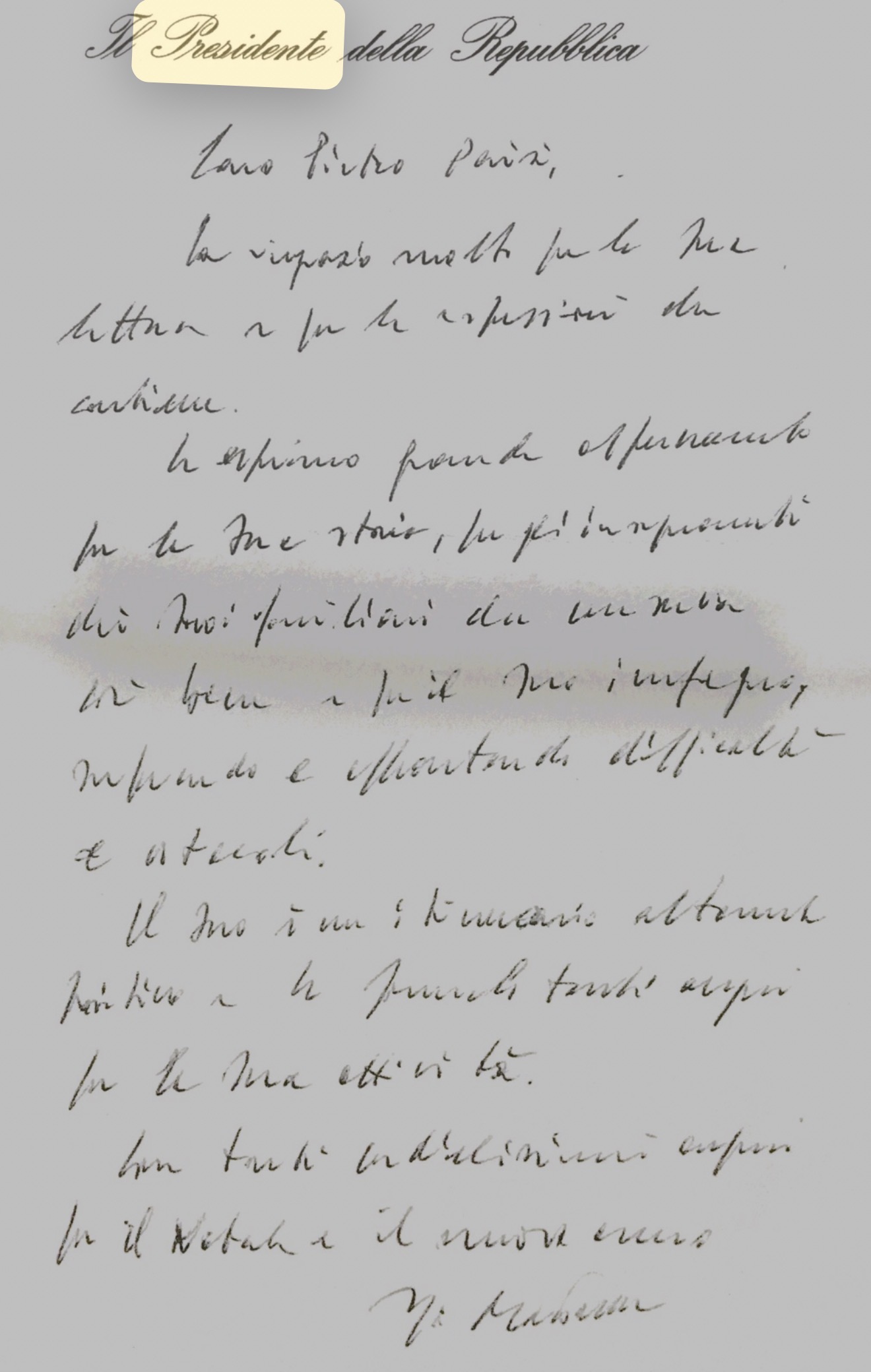 Lettera personale del Presidente Sergio Mattarella a Pietro Parisi