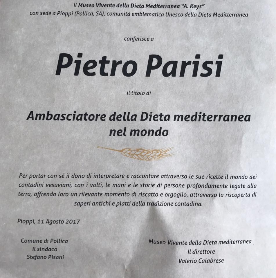 Conferimento a Pietro Parisi del titolo di Ambasciatore della Dieta Mediterranea nel Mondo, Pioppi 2017
